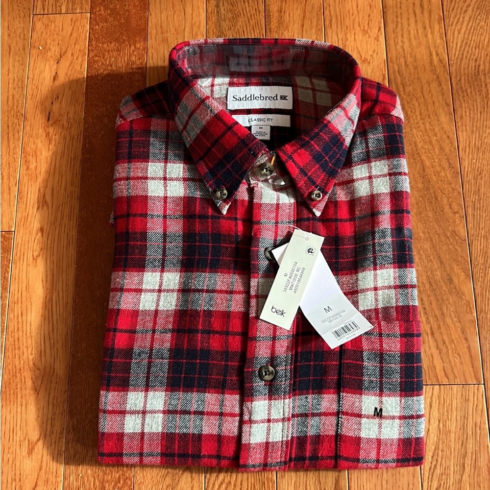 NWT Men’s Saddlebred Dress Shirt Size Medium Red Plaid Classic Fit New with Tags